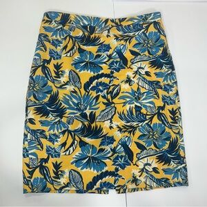 J. Crew basket weave pencil skirt  Yellow and Blue tropical pattern women’s 8.